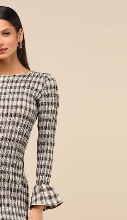 Image of Poised Enthusiasm Brown Gingham Smocked Mini Dress