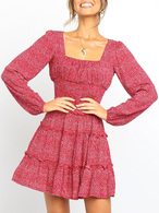 Skater Dresses Square Neck Long Sleeves Red Layered Casual Fit And Flared Dress