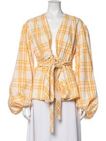 Plaid Print Plunge Neckline Blouse