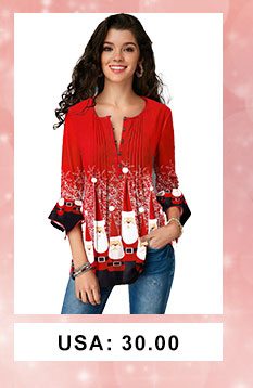 Flare Cuff Christmas Print Crinkle Chest Blouse 