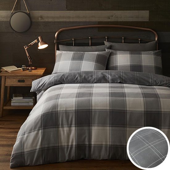 Hugh Reversible 100% Brushed Cotton Check Duvet Cover & Pillowcase Set