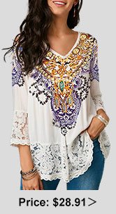 Lace Patchwork Three Quarter Sleeve White Blouse