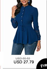 Lace Panel Crinkle Chest Navy Blue Peplum Blouse