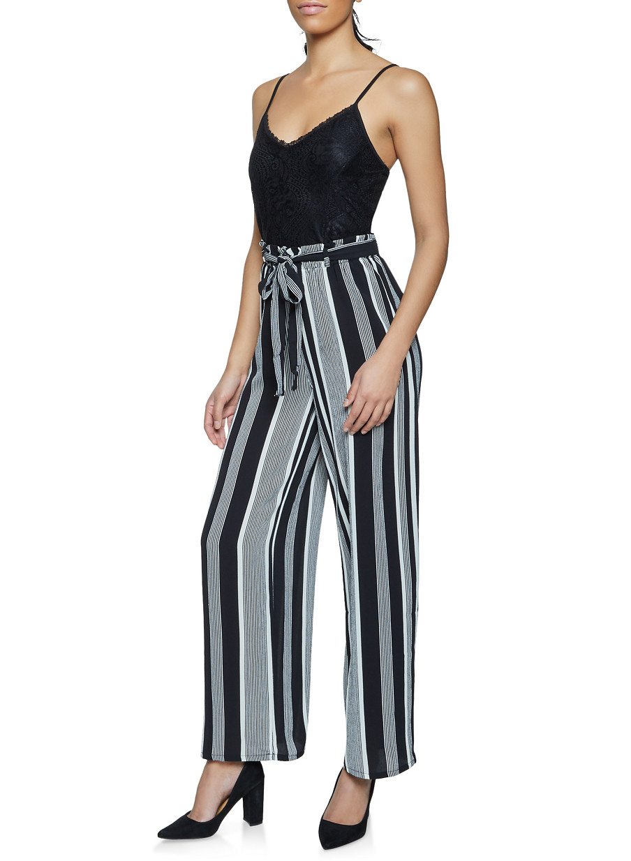 Lace Striped Paper Bag Waist Cami Jumpsuit