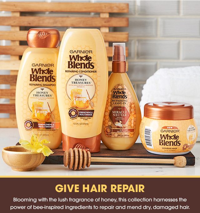 GIVE HAIR REPAIR - Blooming with the lush fragrance of honey, this collection harnesses the power of bee-inspired ingredients to repair and mend dry, damaged hair.