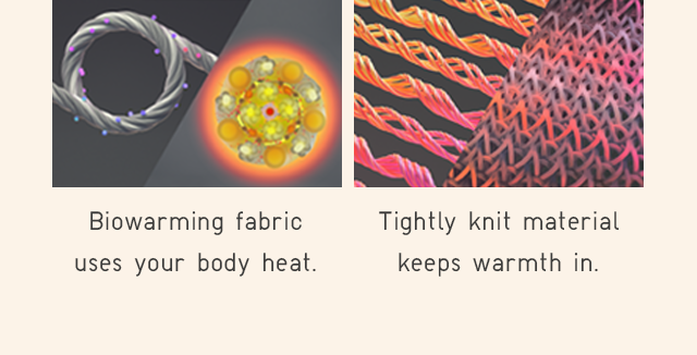 BIOWARMING FABRIC USES YOUR BODY HEAT. TIGHTLY KNIT MATERIAL KEEPS WARMTH IN.