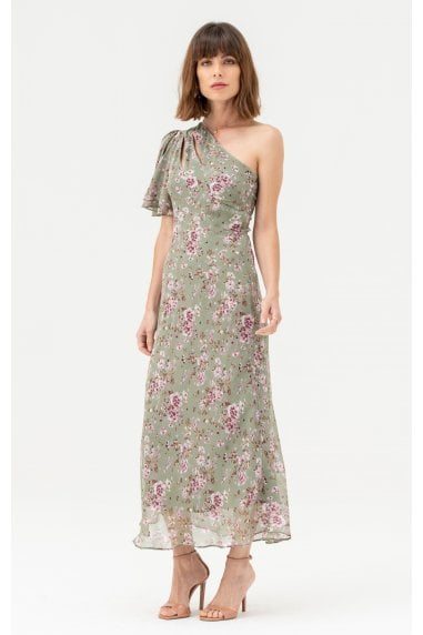 One Shoulder Midi Dress in Green Pink Floral