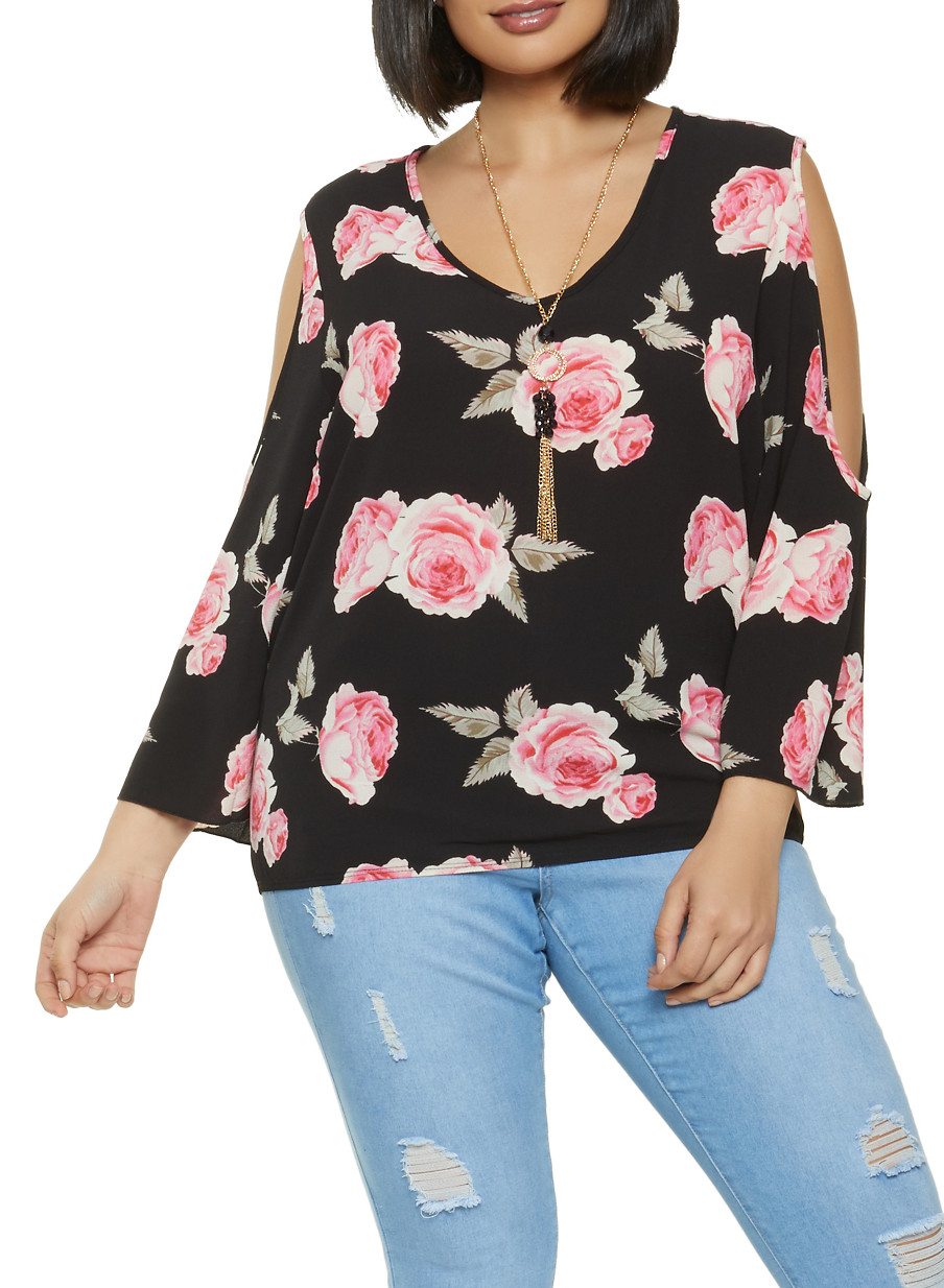 Plus Size Floral Blouse with Necklace