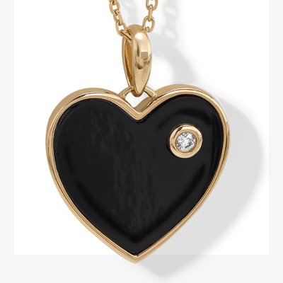 Black Onyx & Diamond Accent Heart Necklace 10K Yellow Gold 18''