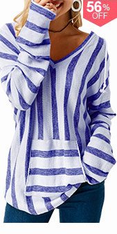 Pocket Long Sleeve Striped Hooded Collar T Shirt