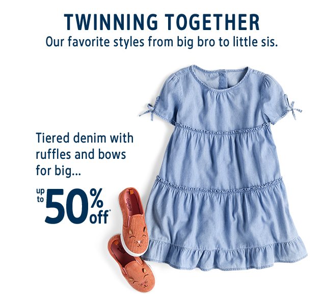 TWINNING TOGETHER | Our favorite styles from big bro to little sis. | Tiered denim with ruffles and bows for big… | up to 50% off*