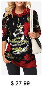 Cowl Neck Christmas Long Sleeve Star Print T Shirt