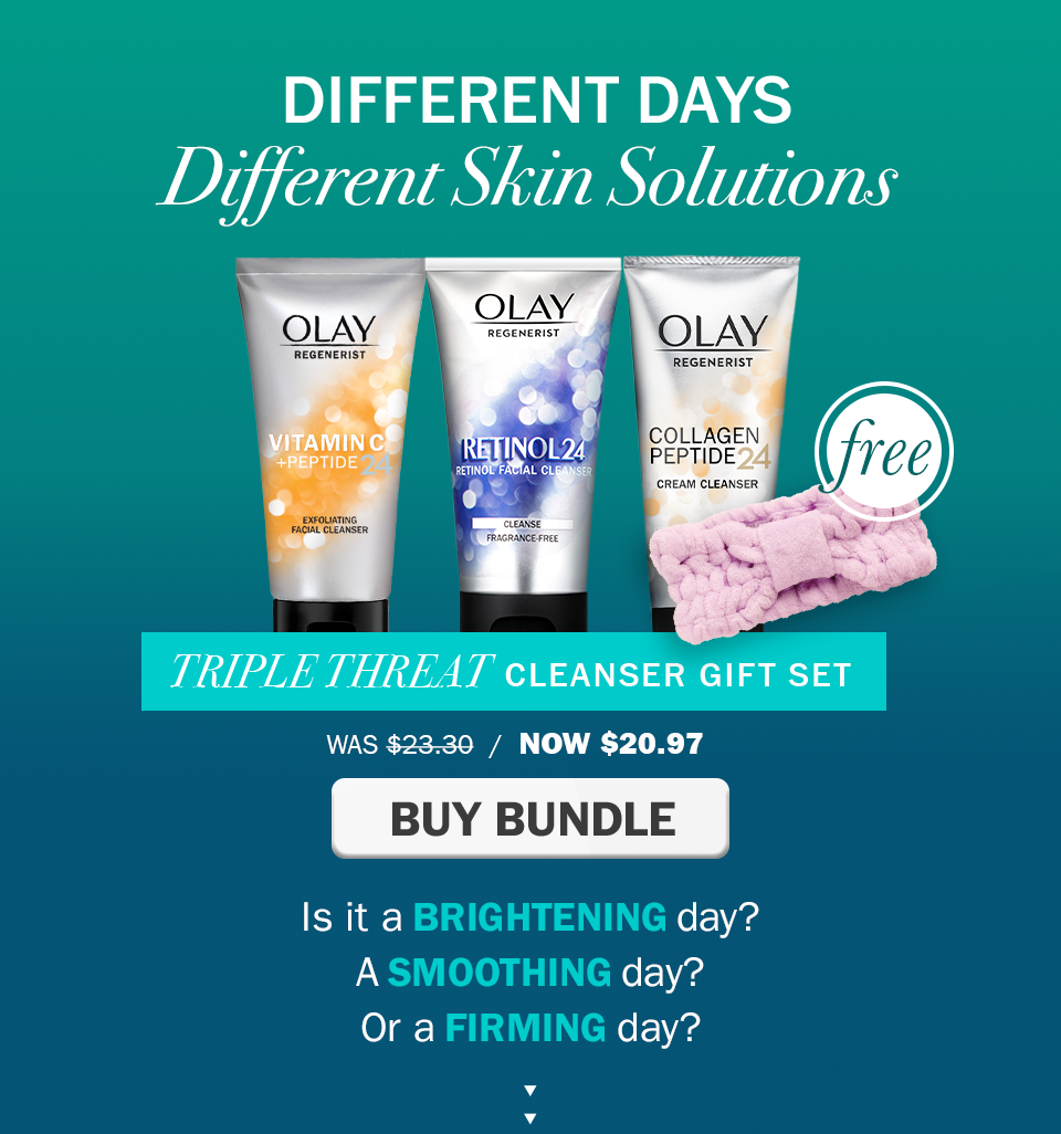 Different days. Different skin solutions. Triple Threat Cleanser Gift Set WAS $23.30, NOW $20.97. Is it a brightening day? A smoothing day? Or a firming day?