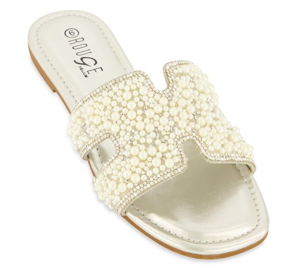 Faux Pearl Rhinestone H Band Slide Sandals