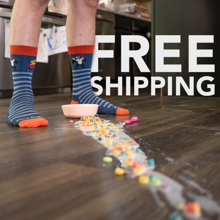 Shop with Free Shipping - sock-wearing feet stand in front of a mess of spilled cereal and milk