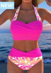 Jacquard Leaf Print Neon Pink Bikini Set