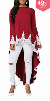 Dip Hem Lace Patchwork Burgundy Blouse