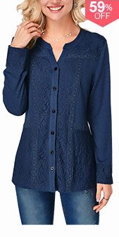 Button Up Long Sleeve Lace Panel Blouse