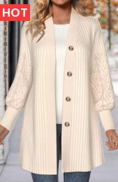 Beige Button Lace Long Sleeve Coat