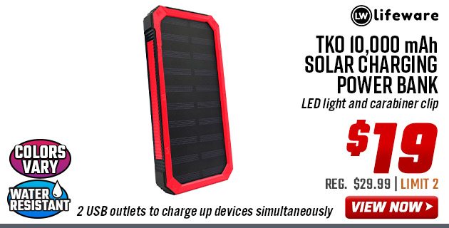 Lifeware TKO 10,000 mAh Solar Charging Power Bank