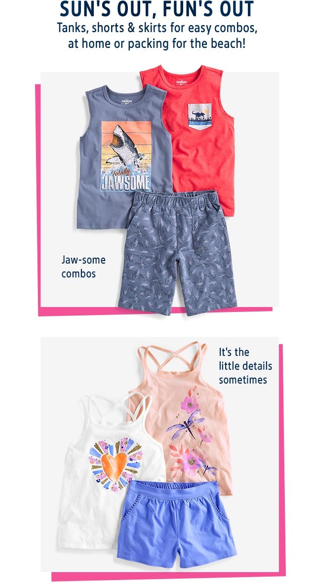SUN'S OUT, FUN'S OUT | Tanks, shorts & skirts for easy combos, at home or packing for the beach! | Jaw-some combos | It's the little details sometimes 