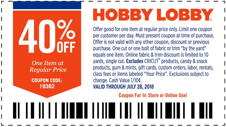 40% Off One Item At Regular Price. Valid through July 28, 2018. *See Full Coupon For Details