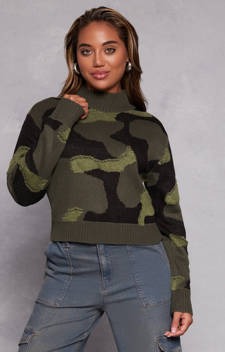 Camo Mock Neck Pullover Sweater