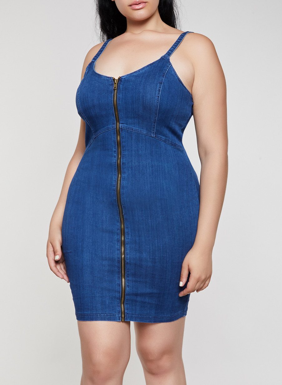 Plus Size Zip Front Denim Cami Dress