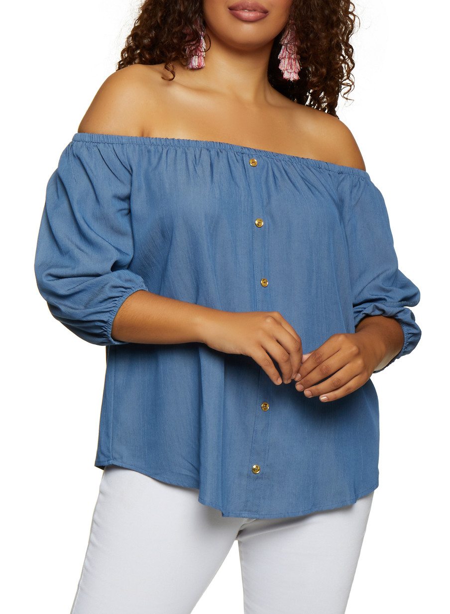 Plus Size Chambray Off the Shoulder Button Detail Top