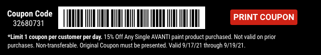 Everyone Saves 15% off any Avanti Paint Product - Inside Track Members Save 20% - Barcode