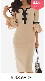 Flare Sleeve Bowknot Embellished Split Neck Beige Dress