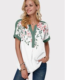 Floral Print Notch Neck Contrast Piping Blouse 