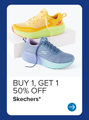 An image of two Skechers sneakers. Buy 1, get 1 50% off Skechers.