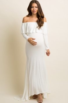 Ivory Off Shoulder Ruffle Maternity Photoshoot Gown/Dress