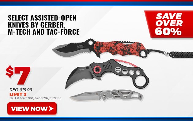 Select Assisted-Open Knives by Gerber, M-Tech and Tac-Force