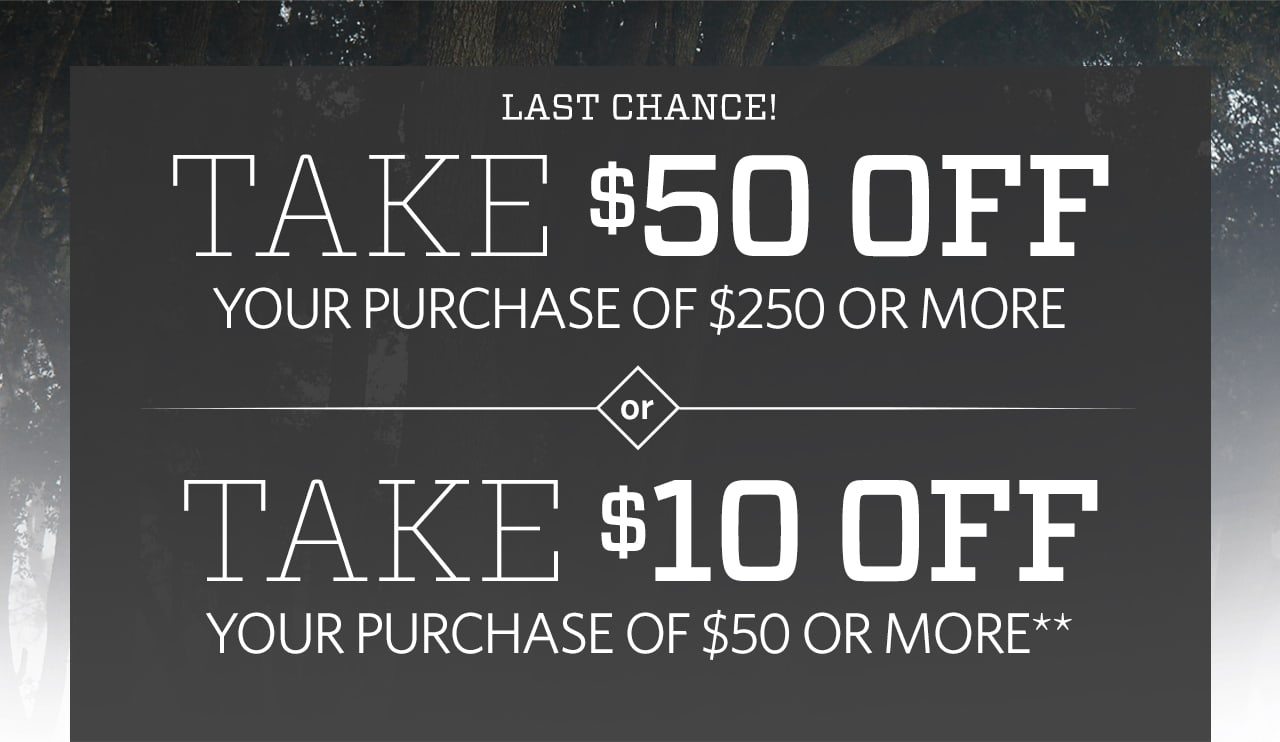 Last chance. Take $50 off your purchase of $250 or more or take $10 off your purchase of $50 or more**.
