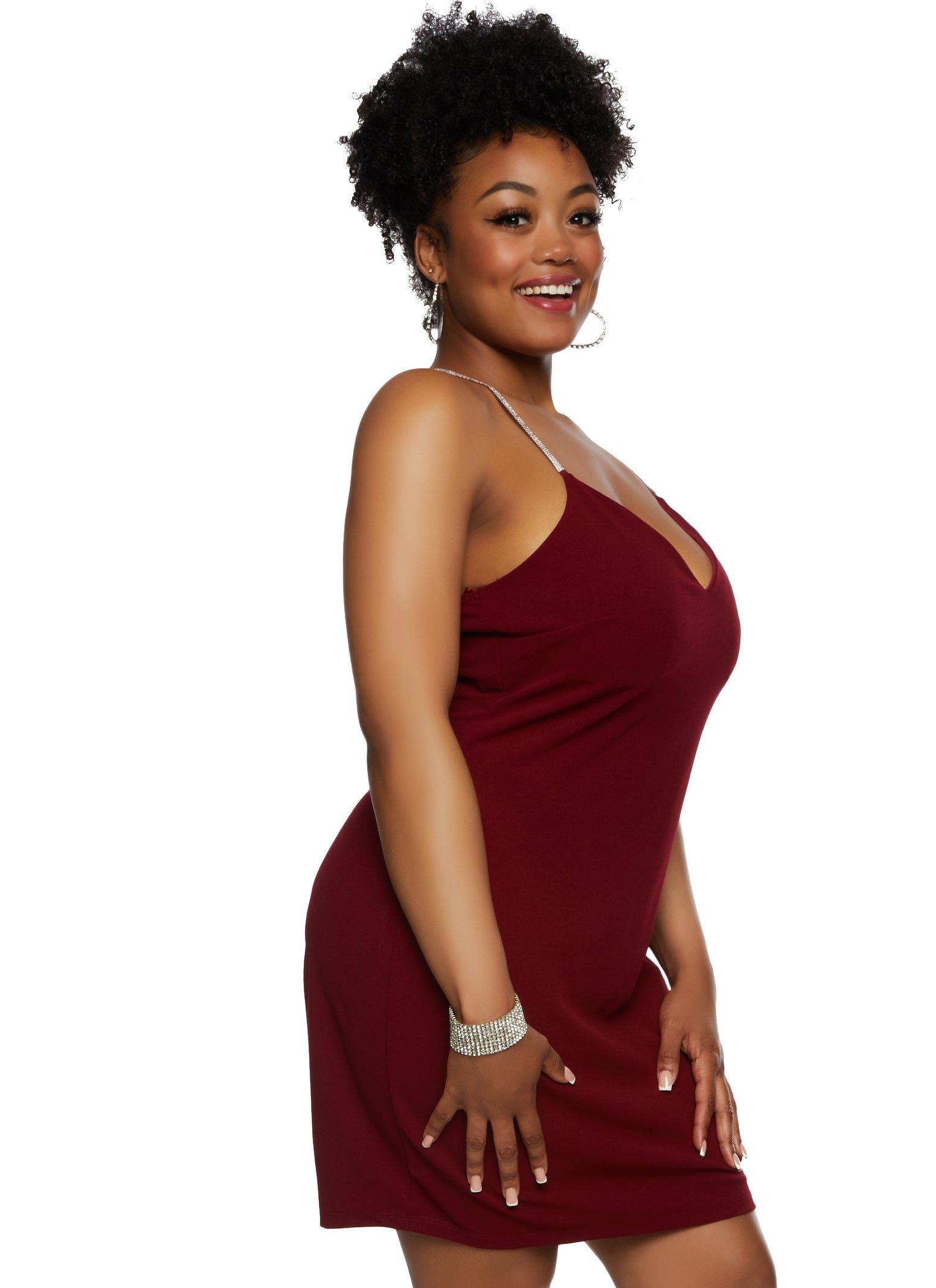 Plus Size Iris Rhinestone Strap V Neck Mini Dress