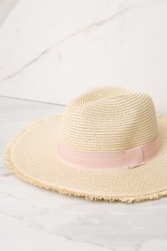 Ivory Pink Ribbon Band Frayed Straw Hat