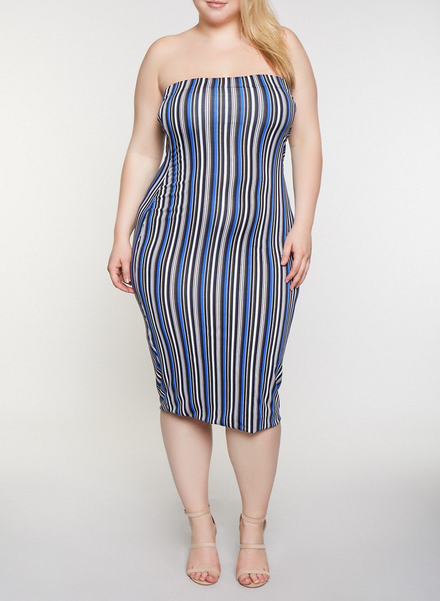 Plus Size Striped Midi Tube Dress