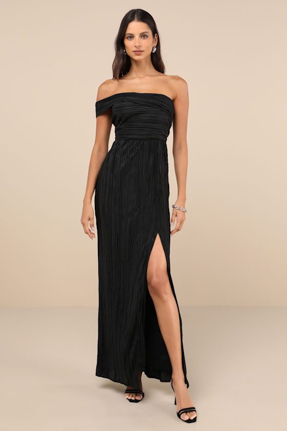 Image of Poised Performance Black Plisse One-Shoulder Maxi Dress