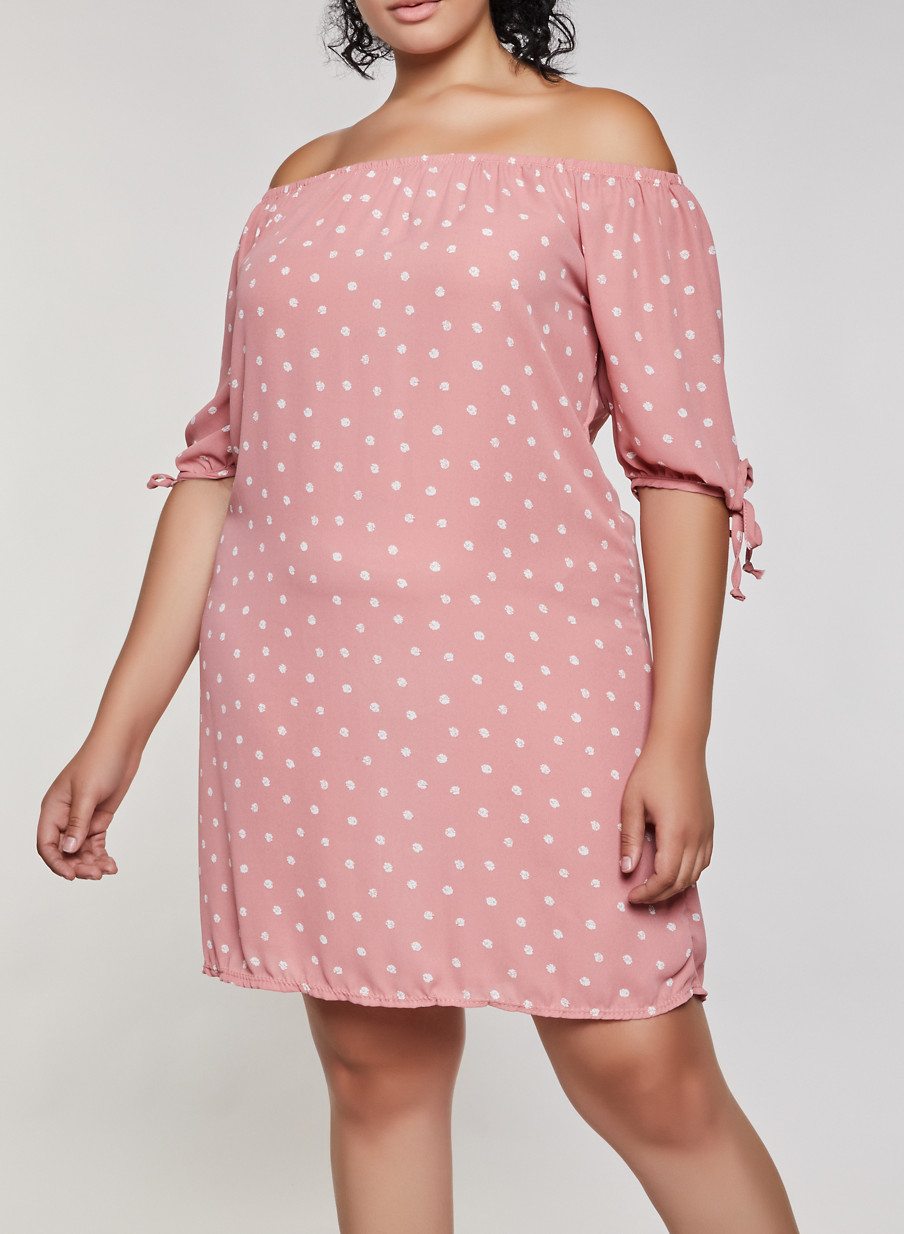 Plus Size Abstract Dot Print Off the Shoulder Dress