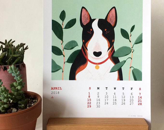 2018 Bull Terrier Calendar - Dog Desk Calendar - Bullterrier Art - 12 Months Illustrated Bull Terrier wooden stand Calendar