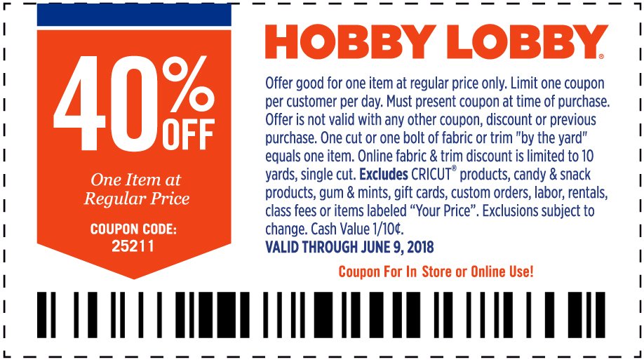 40% Off One Item At Regular Price. Valid through June 9, 2018. *See Full Coupon For Details