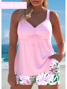 ROTITA Plus Size Drawstring Tropical Plants Print Tankini Set