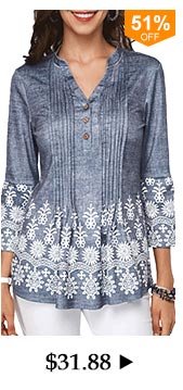 Button Detail Split Neck Printed Pleated Blouse