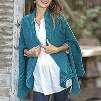 Patterned Knit Cotton Shawl in Teal