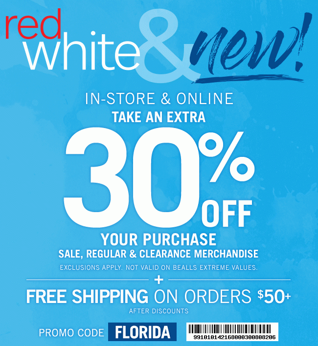 Red White & New! Extra 30% Off + Free Shipping on $50+ | Code FLORIDA | Get Coupon | Exclusions Apply