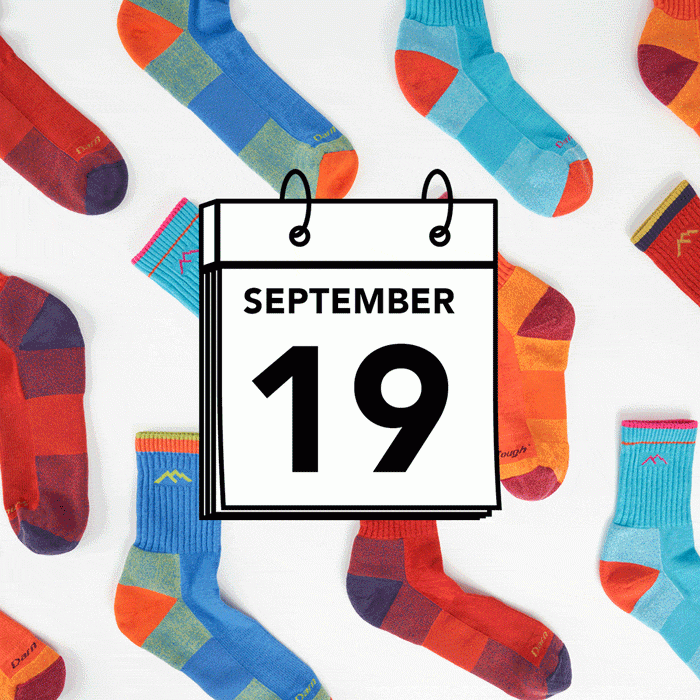 Get Ready for 1466 Day - a calendar showing Sept 19 over a background of colorful Hiker Micro Crew socks