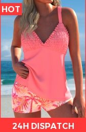 Smocked Tropical Plants Print Coral Tankini Set