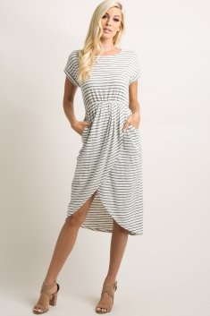Ivory Striped Wrap Midi Dress